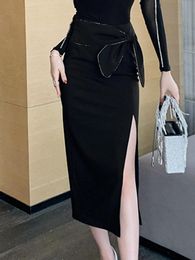 Dresses Spring Faldas Mujer Moda 2022 Elegant Sexy Professional Black Bow Diamond High Waist Slit Slim Women Midi Skirt Office Work Ropa