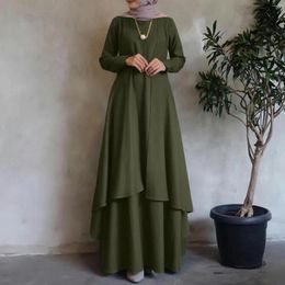 Ethnic Clothing Women Muslim Full Sleeve O-Neck Ruffle Hem Solid Holiday Maxi Dress Female Fashion High Wasit Ladies Elegant Long Vestido