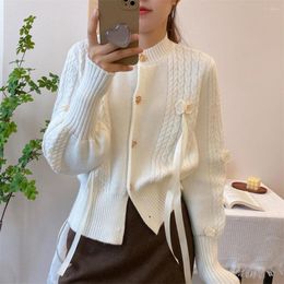 Women's Knits Autumn Winter Japanese Women Sweet O-neck Knitted Cardigan Chic Rose Flower Breasted Sweater Kawai Lantern Sleeve Wild Warm