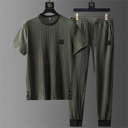 Men's Tracksuits Summer Ice Silk Set Men's Loose Thin Sports Fold Drape Short-sleeved Trousers Solid Casual Shirtpants Two-Piece Set Tracksuits 230427