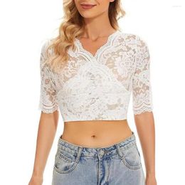 Women's Blouses Women V-neck Lace Top Stylish Crop Tops See-through V Neck Camisoles With Flower Embroidery Slim Fit Half For A