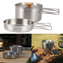 Dinnerware Stainless Steel Folding Handle Pot Outdoor Mountaineering Bowl Portable Cooking Pots With Bag Silver 1.4L 0.7L Pan Parts