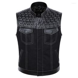 Men's Vests SOA Motorcycle Club Vest Mens Genuine Leather Denim Patchwork Waistcoat Cowhide Sleeveless Jackets Black Strong Breathable