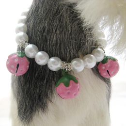 Dog Collars Pearls Cat Necklace Strawberry Bells Rings Charm Pet Puppy Collar Jewelry Handmade Adjustable