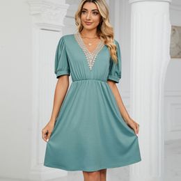 Casual Dresses For Women 2023 Summer Chic and Elegant Loose Dress Solid Colour Lace VNeck Short Sleeve Lady Clothing Vestido 230426