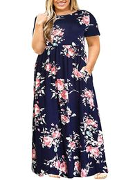 Dresses 2022 Plus Size Women Clothing Short Sleeve Loose Plain Casual Flowers Long Maxi Dress with Pockets Summer Dresses Free Shipping