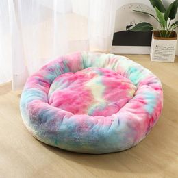 Mats Best Cat Bed Winter Soft Comfortable Round Bed Colorful Rainbow Design Dog Bed House For Puppy cat bed deep sleeping for pets