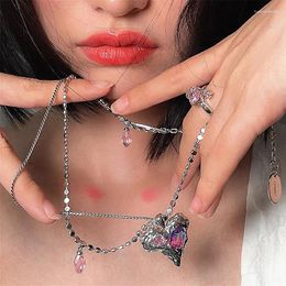 Chains Colourful Gradient Rhinestone Patchwork Silver Colour Love Hip-hop Girl Heart Double Layer Chain Collarbone