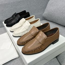 The Row Women Soft Shoes Loafers Almond Toes Vintage Real Genuine Leather Comfortable Brand Shoes 35-40 Original