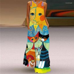 Casual Dresses Lady Spring Summer Long Dress Women Elegant Sleeveless V-neck Loose Party Cartoon Print Vintage Beach 2024