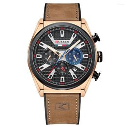 Wristwatches Multi Functional Sports Quartz Watch Men's Luminous Waterproof Chronograph Calendar Casual Leather Wristwatch Strap 8392