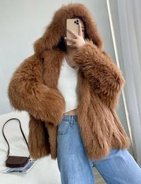Fur High Quality Luxury Faux Fur Coats Women Loose Hooded Fox Fur Jacket Fashion Warm Thick Coat Girl Winter Fluffy Furry Fur Jacket