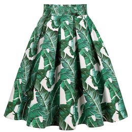 Dresses 2021 Leaf Green Floral Print Vintage Pleated Skirts 2022 Womens Y2K High Waist French Style Summer Midi Cotton Swing Skirt
