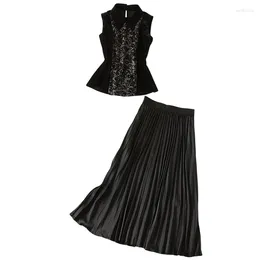 Work Dresses 2023 Spring Autumn Fashion Runway Two Piece Set Women Celebrity Lapel Flocked Sleeveless Top High Waist Pleated Maxi Skirt