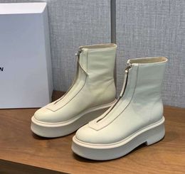 The row white smooth Leather Ankle Chelsea Boots platform zip slip-on round Toe block heels Flat Wedges booties chunky boot luxury designer v66