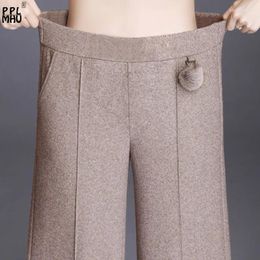 Women's Pants Oversize 4Xl Formal Pinstripe Wide Leg Trousers High Waist Ankle Length Work Pantalones Autumn Loose Blend Woollen Women