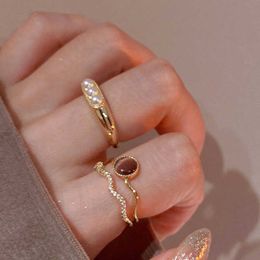 Band Rings High Quality Double Layer Zircon Opal Ring For Woman Korean Fashion Pearl Leaf Moon Star Adjustable Finger Ring Party Jewelry AA230426