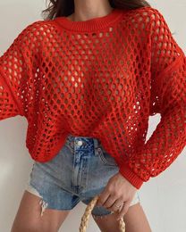 Women's Sweaters Women Round-Neck Long Sleeve Pullover Knitwear Multicolor Knitted Crop Top Summer Fishnet Hollow Out Smock Crochet Sweater