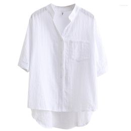 Women's Blouses 2023 Summer Cotton White Shirt Female Casual Loose Half Sleeve Vertical Striped V-Neck Shirts Tops Women S486