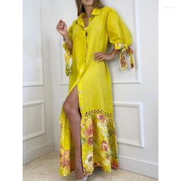 Casual Dresses Print Shirts Maxi Dress For Women Elegant Tie-Up Loose Long Fashion Single-Breasted Lapel. Slit Beach