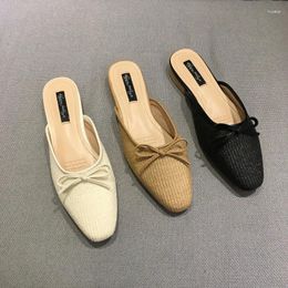 Slippers Luxury Straw Weave Mules Square Close Toe Slip On Outside Slides Women Elegant Bow-tied Low Heels Sandals Shallow Shoes