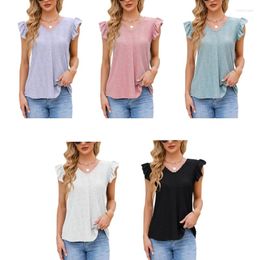 Women's T Shirts 95AB Womens Ruffle Cap Sleeve Solid Color Keyhole Back Loose Fit T-Shirts Hollow-Out Eyelet Jacquard Lace V-Neck Blouses