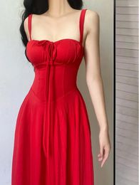 Casual Dresses WOMENGAGA Sexy Strap Long Dress 2023 Red Square Neck Low Cut High Waist For Women Korean Top 1QYV