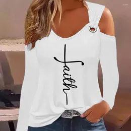 Women's T Shirts Fashion O-neck Long Sleeve Metal Print Shirt Women 2023 Autumn Sexy Off Shoulder White Top Femme T-shirt For Tshirts