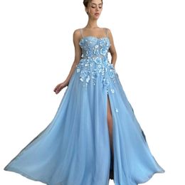 JEHETH A-Line Light Blue Evening Dress Spaghetti Straps Sleeveless High Side Slit Floor Length Party Prom Ball Gown