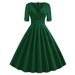 Dresses Office Green Solid Rockabilly 1950S Vintage Ruched V Neck Elegant Party Dress Women 2021 Summer Half Sleeve A Line Midi Dresses