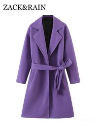 Fur ZACK RAIN Women Purple Belted MidLength Wool Coat 2022 Fall/Winter Ladies Elegant Coat Retro Fashion Loose Female Thick Outwear