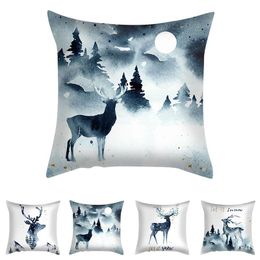 Pillow Case 45 45cm Christmas Elk Ink And Wash Cushion Cover Simple Blue Geometric Sofa Decorative Pillowcase