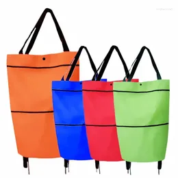 Storage Bags Supermarket Grocery Cart Home Shopping Bag Oxford Cloth Folding Tugboat Wheel Hand Drawn