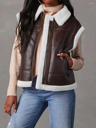 Women's Vests Patchwork PU Leather Vest Turn-Down Collar Zipper-Up Pockets Waistcoat Winter Casual Outdoor Sleeveless Jacket Coat
