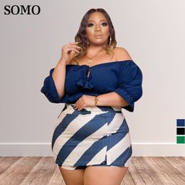 Women's Plus Size Tracksuits Sexy Women Two Piece Sets One Word Shoulder Top and Mini Skirt Pants Summer Bohemian Wholesale Drop 230426