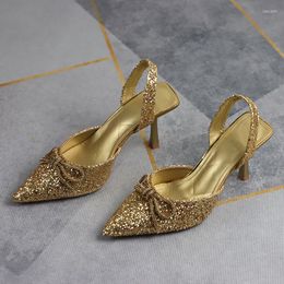 Dress Shoes Evening Woman High Heels Slingbacks Wedding Footwear Shiny Sequins Bowknot Pointed Toe Stiletto Ladies Party Prom Pumps