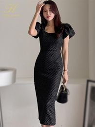 Dresses H Han Queen Summer 2022 Women's Pencil Sheath Dress Women MidCalf Black/White Bodycon Chic Office Lady Evening Party Dresses