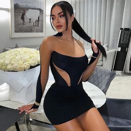 Urban Sexy Dresses Fashionable mesh patch women's dress 2023 O-neck long sleeved dress club set black body mini dress 787 231127