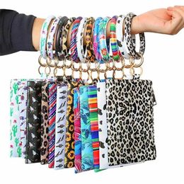 PU Bracelet Keychain Party Favour Leather Wrist Key Ring Round Leopard wallet Handbag Pendant Purse Lady Clutch Coin Makeup Bags Wholesale