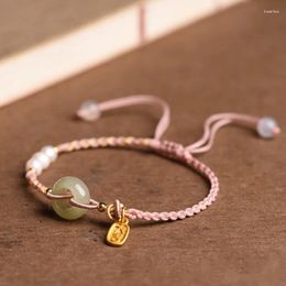 Charm Bracelets Hand Woven Hetian Jade Peace Buckle Bracelet Pearl Blessing Rope Female National Style Pink Lover Girlfriend