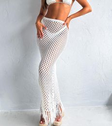 Women's Swimwear Sexy Holiday Bikini CoverUps 2023 Swimsuit Beach Hollow Out Fishnet Tassels Skirts See Through Long 230426