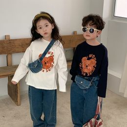 T-shirts Spring unisex cartoon bear Tees for boys and girls Kids cotton loose long sleeve T shirts 230427
