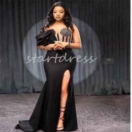 Plus Size Black Girls Prom Dress With Slit Elegant Beaded African Mermaid Evening Gowns See Through Corset Formal Dress For Women Promdress 2024 Birthday Party Gown