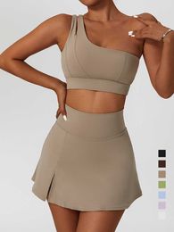Yoga Outfit Yoga Skirt Set Women Workout Sport Gym Wear Suit High Wais Fitness Crop Top Female Tennis Sportswear One Shoulder Bra P230504