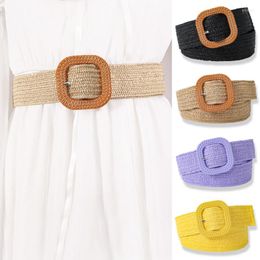 Belts Fashion Bohemia Square Buckle Elastic Braided For Women Solid Color Linen Weave Fake Straw Wide Belt PP Waistband