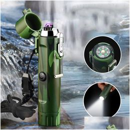 Flashlights Torches Arc Usb Lighter Cam Outdoor Survival Plasma Torch With Flashlight Compass Lighters Waterproof And Windproof Drop Dhh2A