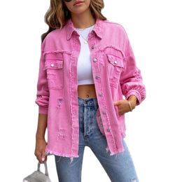 Women's Jackets Holes Raw-edges Denim Jacket Women Spring Autumn Shirt Style Jeancoat Casual Top Rose-Red Orange Purple Outerwear Lady Coat 230427