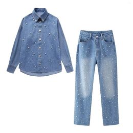 Women's Two Piece Pants Suit 2-piece 2023 Fashion Artificial Pearl Decorated Denim Shirt Retro Long-sleeved Jacket Straight Jeans