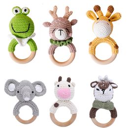 Rattles Mobiles 1PC Baby Toys Cartton Animal Crochet Wooden Rings DIY Crafts Teething Amigurumi For Cot Hanging Toy 230427