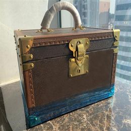 Classic Women Lady Cosmetic Bags 34cm Designer Jewelry Box Travel Makeup Wooden Two Layers Clutch Genuine Leather Travel Kit Jewel235B